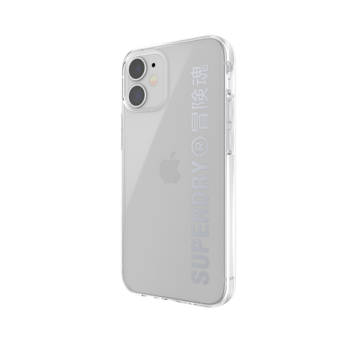 SUPERDRY APPLE iPHONE 12 MINI COVER IN TPU CHIUSURA A SCATTO LOGO SUPEDRY STAMPATO SILVER